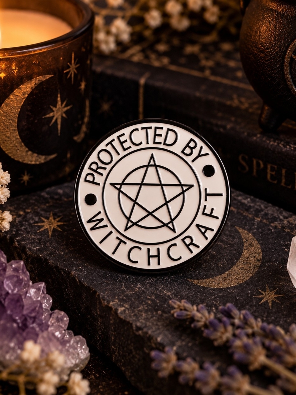 Protected by Witchcraft Enamel Metal Collectible Pin/Brooch- Black & White New